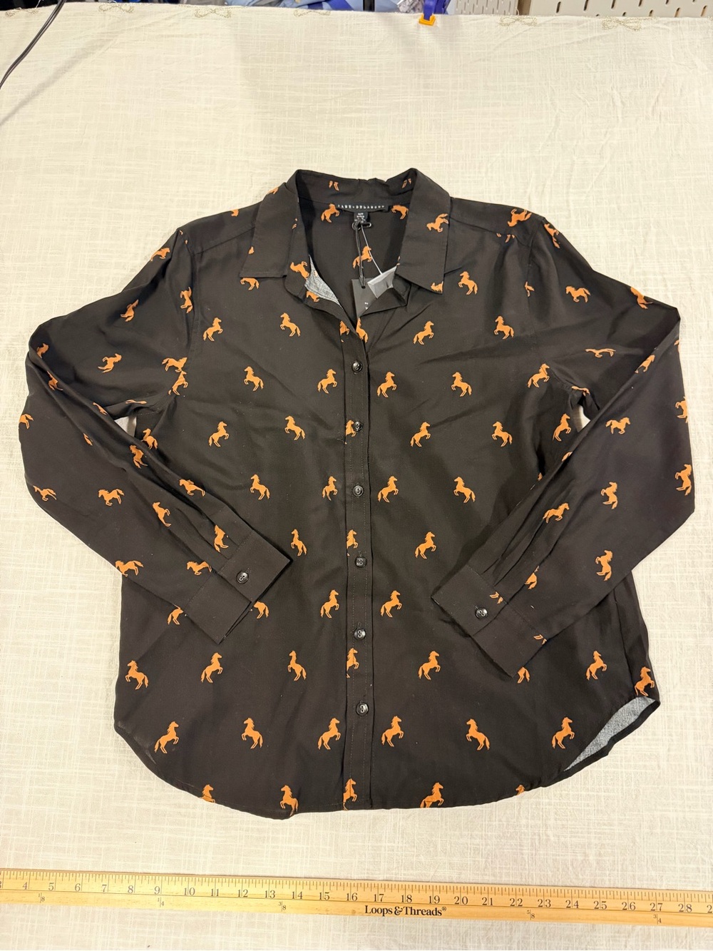 Women’s medium Black Button-Up Shirt with Orange Horse Print